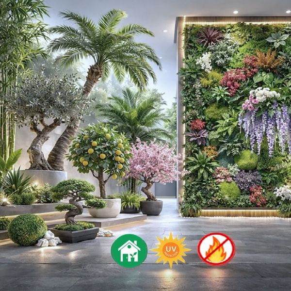Folhagem artificial resistente aos raios UV e ao fogo para interiores