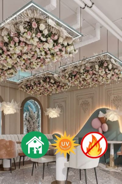 Ceiling with roses and artificial flowers